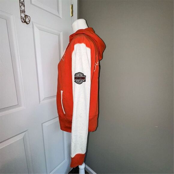 Harley Davidson Women's XL Orange Hooded Varsity Jacket Snap Closure Bikercore - Picture 3 of 14